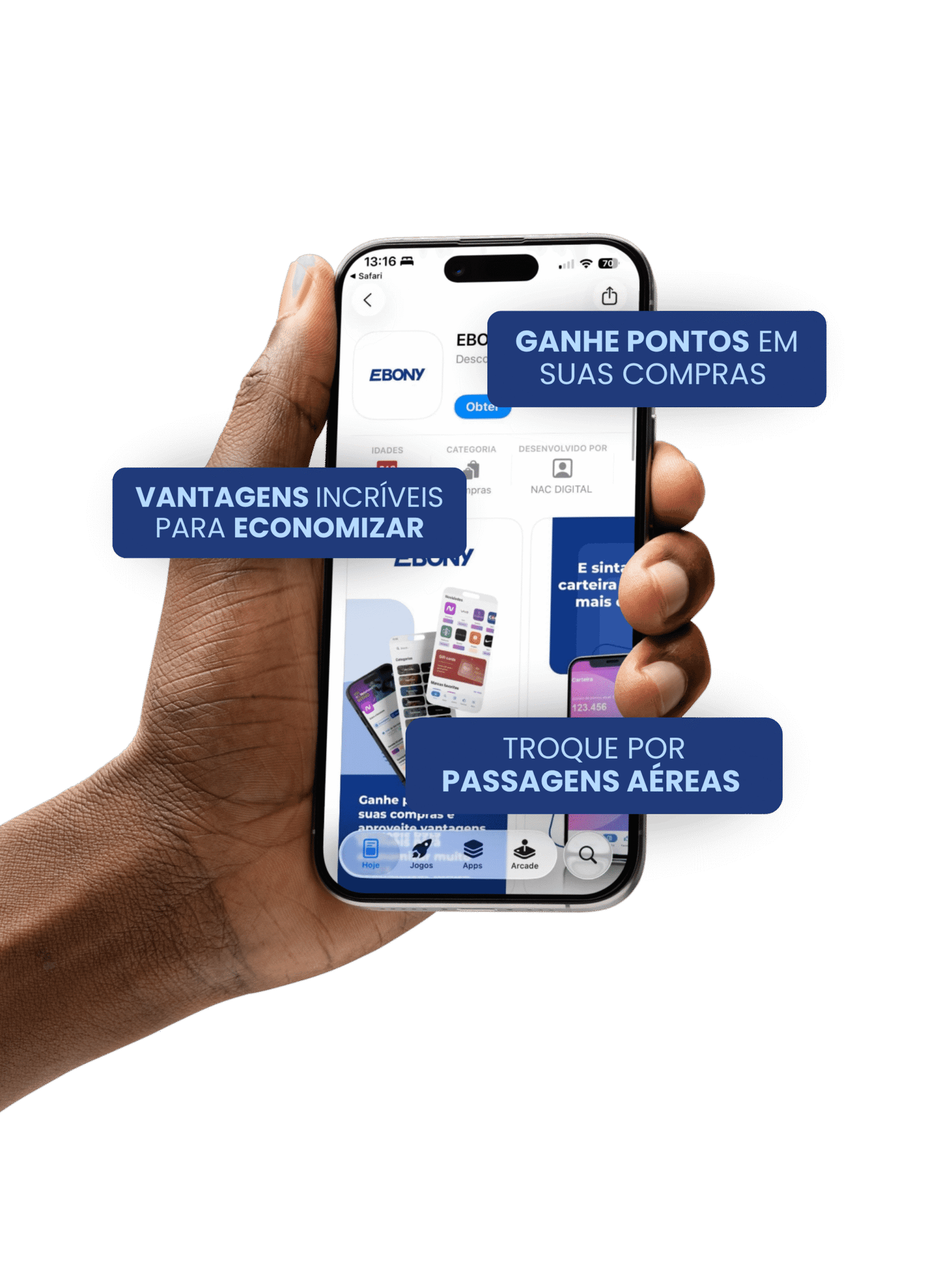 App Ebony+ mostrando pontos e resgates